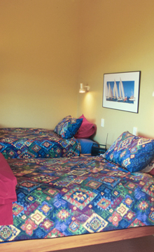 Twin bedroom at The Haven with patterned bedding